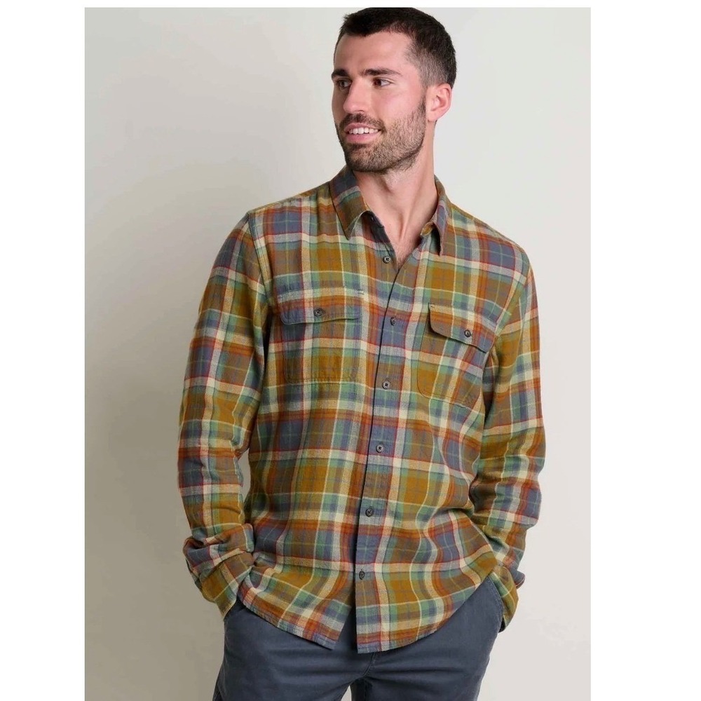 TOAD&CO Linen Insect Shield Repellent Flannel Plaid Button‎ Shirt Long Sleeve